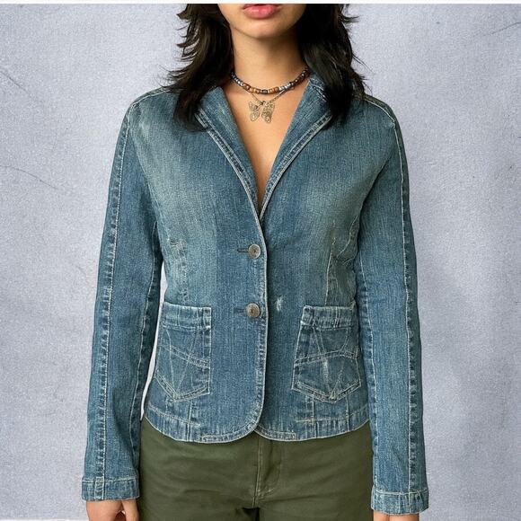 Vintage Y2K Hydraulic Denim Button Blazer Jacket Medium - Picture 1 of 9